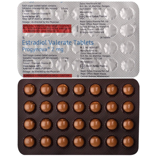 Progynova补佳乐拜耳原厂(雌二醇)特种药物包装,展示深色药片和详细成分信息,适用于特定医疗需求。