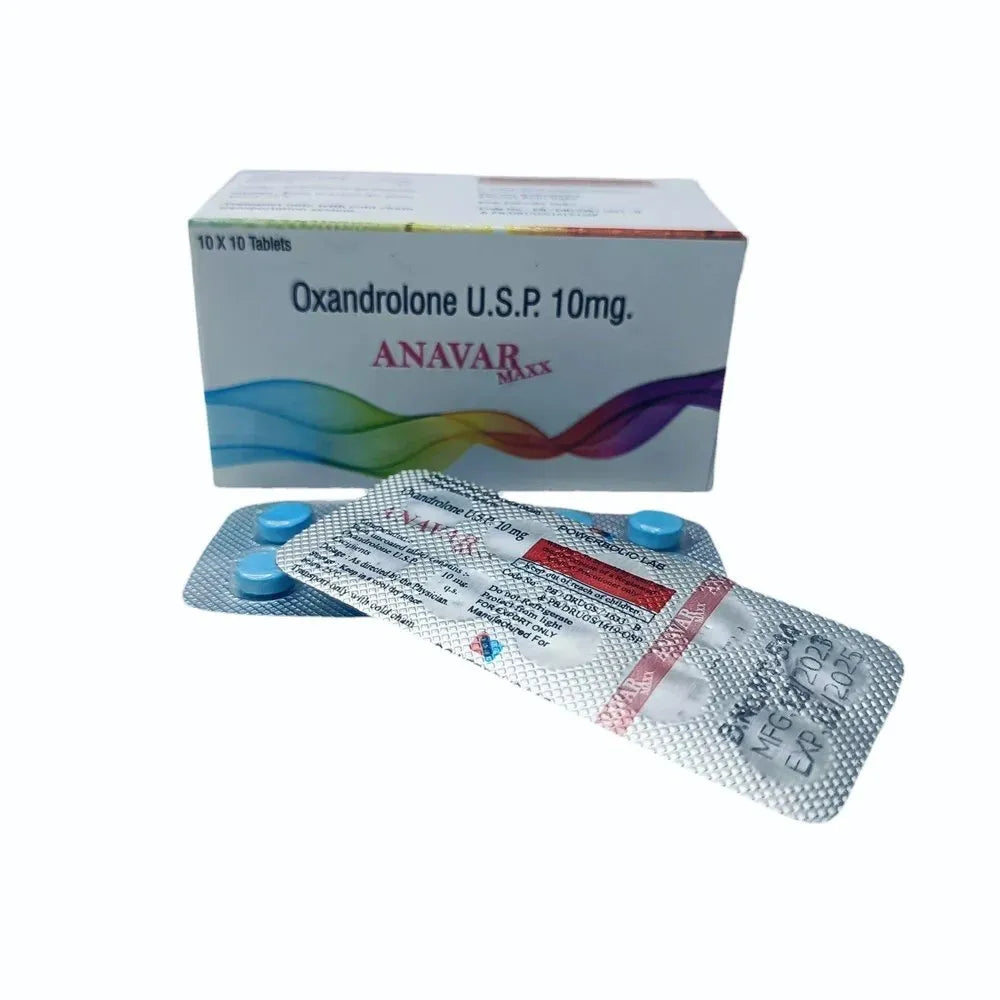 氧雄龙Anavar(Oxandrolone) 10mg特种药物,蓝色药片与包装盒,增强体能效果,适合专业健身使用。