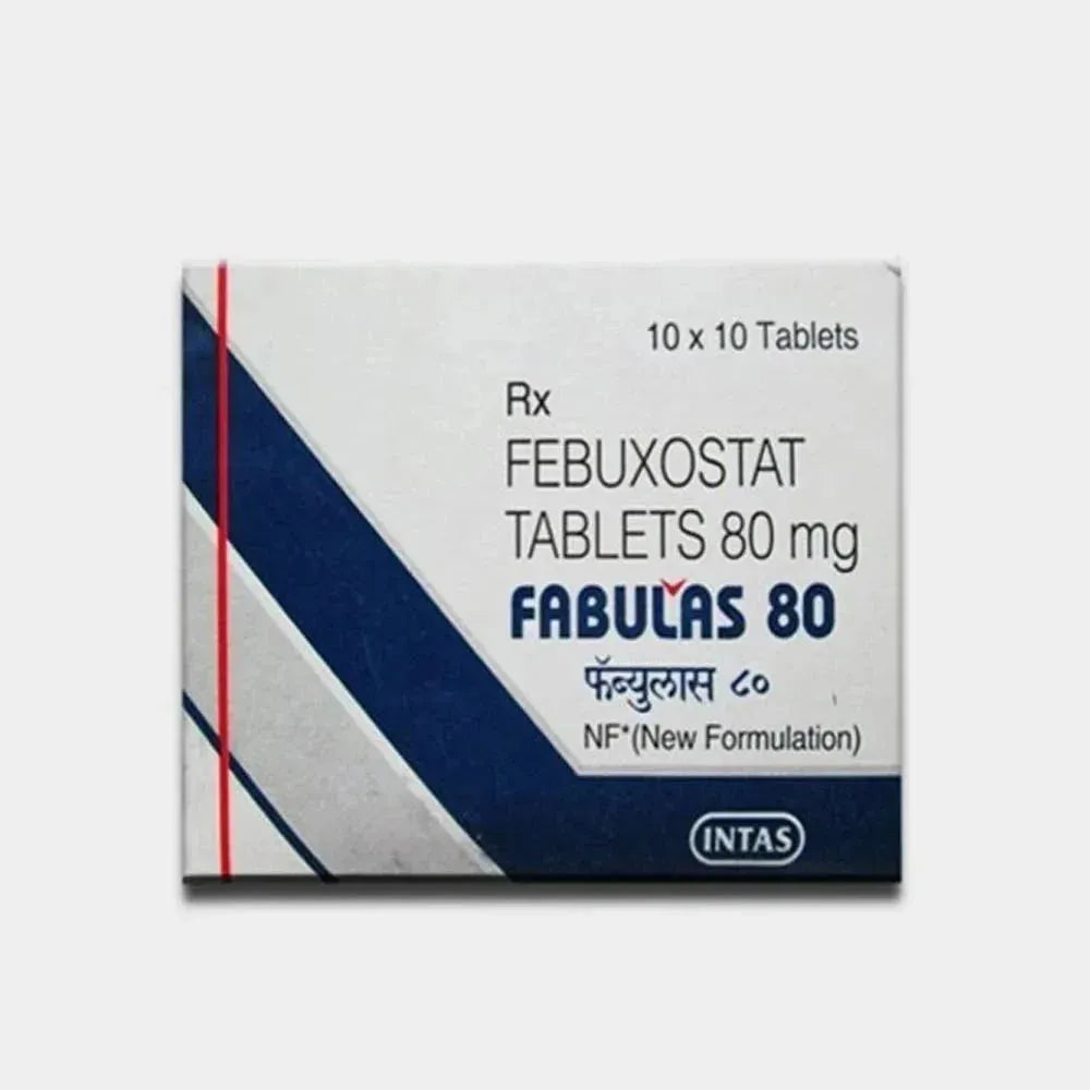 Fabulas非布司他痛风药 80 mg tablets packaging, featuring a blue and white design with product details in English and Hindi.