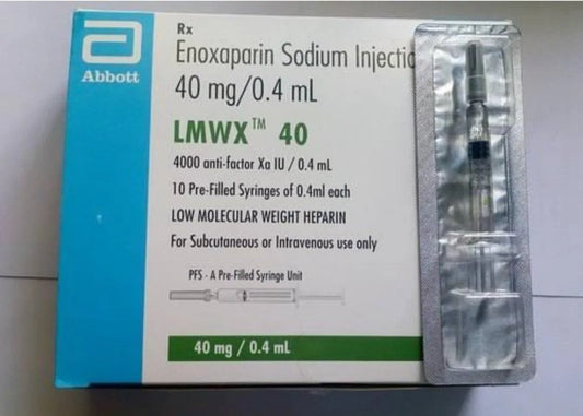 Abbott Enoxaparin Sodium Injection 40mg box with syringe, low molecular weight heparin, pre-filled for subcutaneous use.