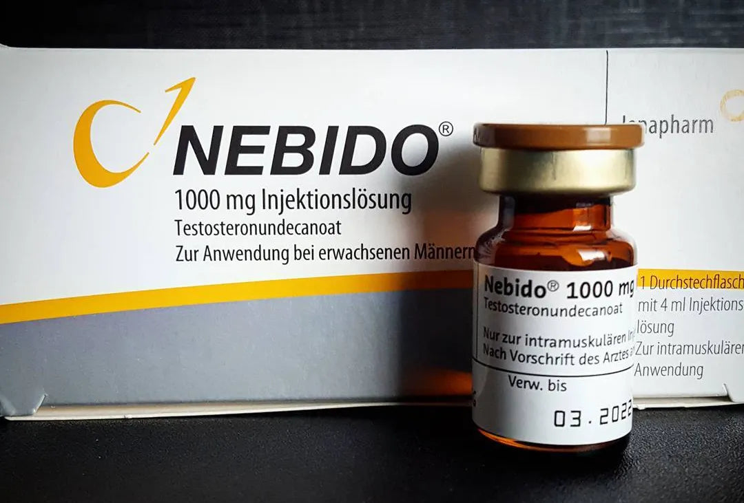 Nebido 1000 mg Testosterone Undecanoate Injection vial and box.