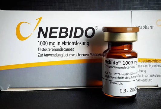 Nebido 1000 mg Testosterone Undecanoate Injection vial and box.